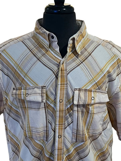 Size XL prAna Holstad Shirt Mens Yellow Plaid Short Sleeve Snap Western