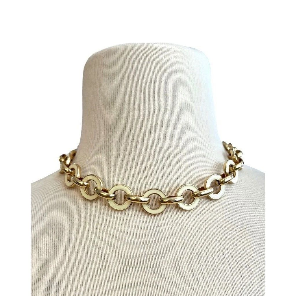 Anne Klein Circle Link Goldtone Necklace Cream Enamel Accents 17" + 2.75"