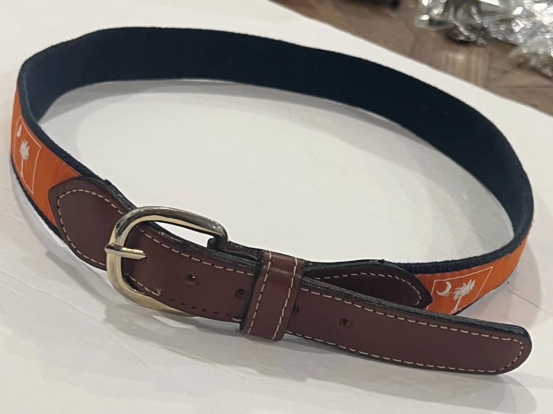 Size 32 South Carolina Flag Belt Mens Orange Canvas Leather Solid Brass Buckle Preppy