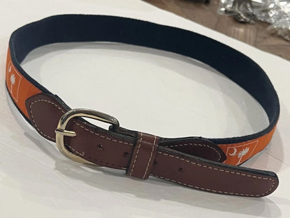 Size 32 South Carolina Flag Belt Mens Orange Canvas Leather Solid Brass Buckle Preppy