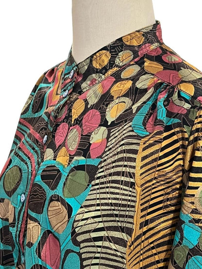 Size Large Vintage Over Star Womens Silky Blouse Mandarin Collar Jungle Pattern