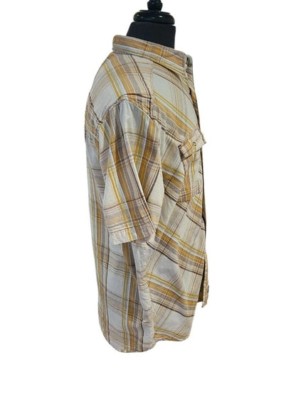 Size XL prAna Holstad Shirt Mens Yellow Plaid Short Sleeve Snap Western