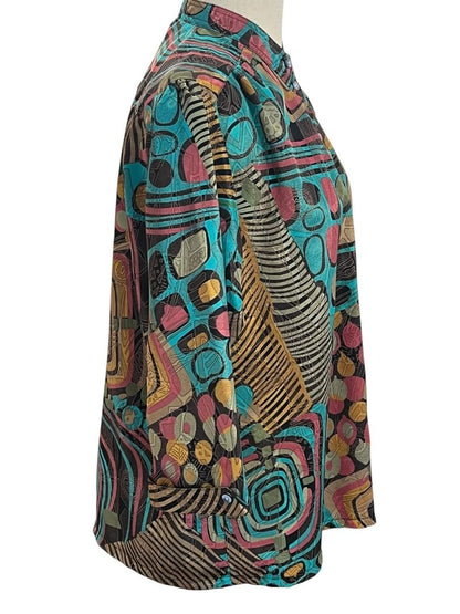 Size Large Vintage Over Star Womens Silky Blouse Mandarin Collar Jungle Pattern