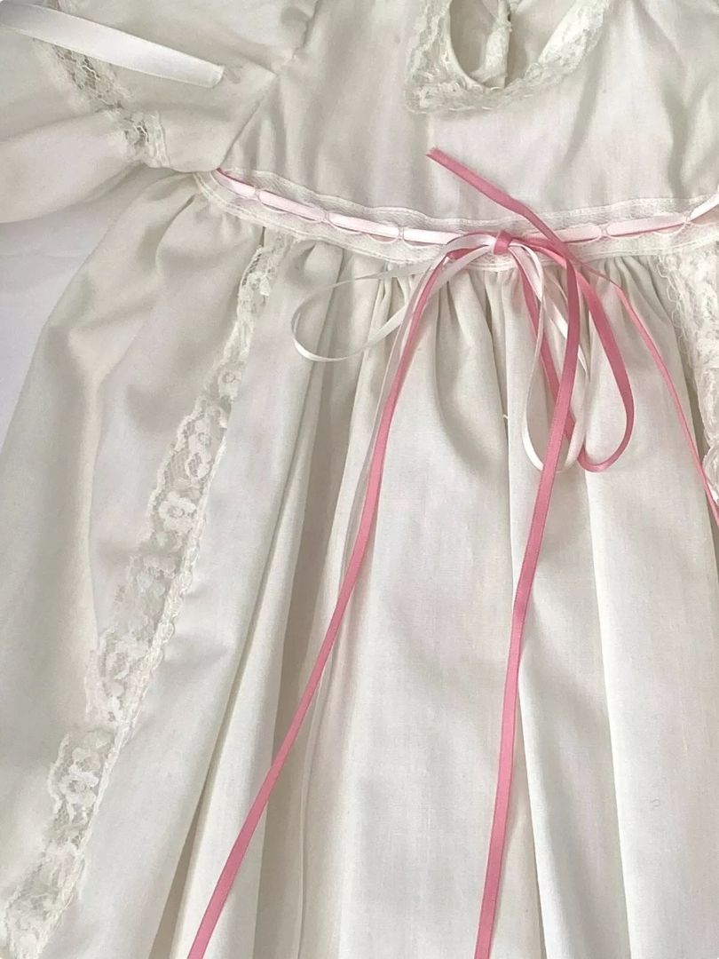 Vintage Christening Gown Bonnet Baby Baptism Long Dress Lace Pink Ribbon