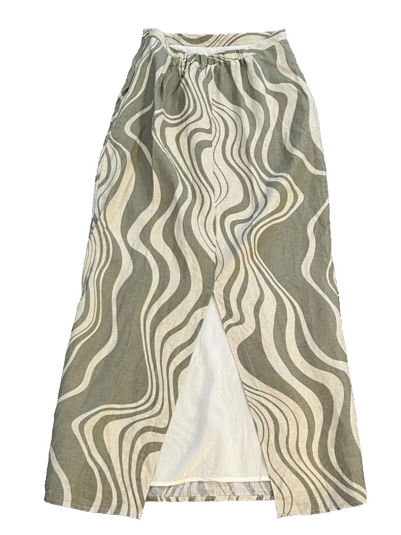 Size 6 Dissh Green Taupe Wave Linen Skirt Side Zip Midi