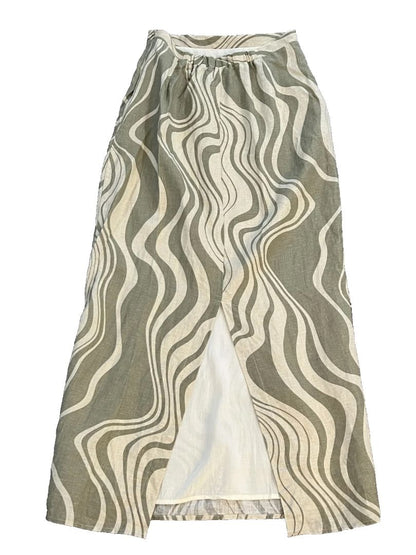 Size 6 Dissh Green Taupe Wave Linen Skirt Side Zip Midi