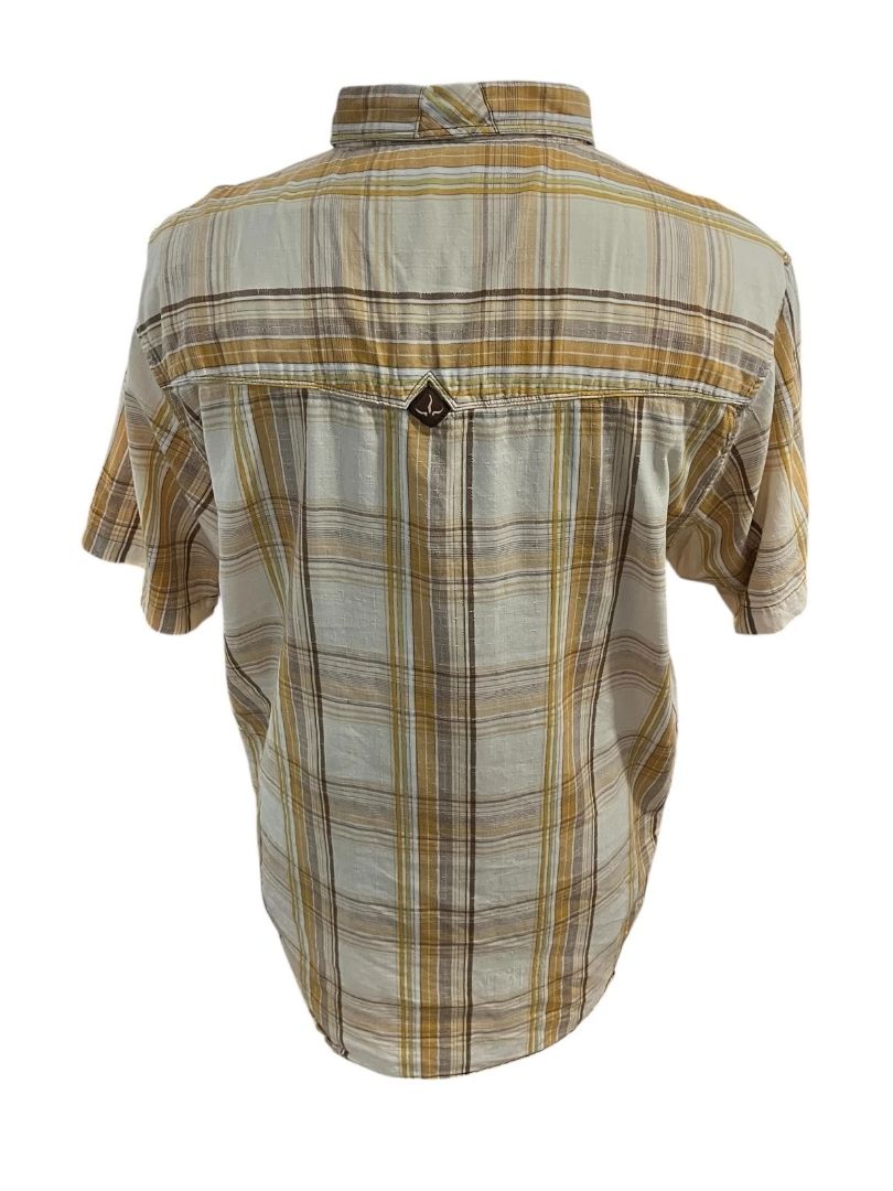 Size XL prAna Holstad Shirt Mens Yellow Plaid Short Sleeve Snap Western