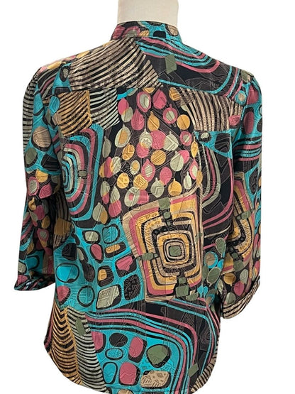 Size Large Vintage Over Star Womens Silky Blouse Mandarin Collar Jungle Pattern