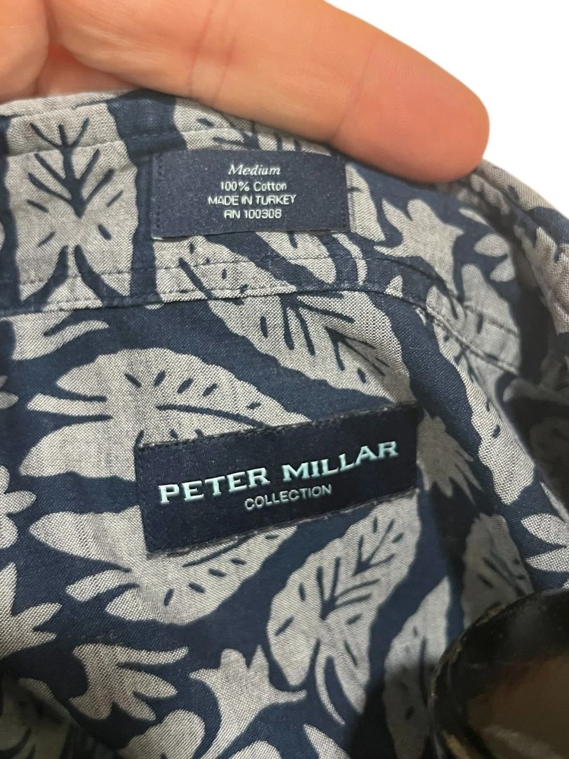 Medium Peter Millar Collection Hawaiian Button Up Shirt Blue Gray Mens 100% Cotton