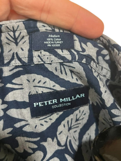Medium Peter Millar Collection Hawaiian Button Up Shirt Blue Gray Mens 100% Cotton