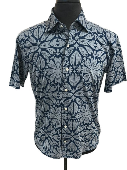 Medium Peter Millar Collection Hawaiian Button Up Shirt Blue Gray Mens 100% Cotton