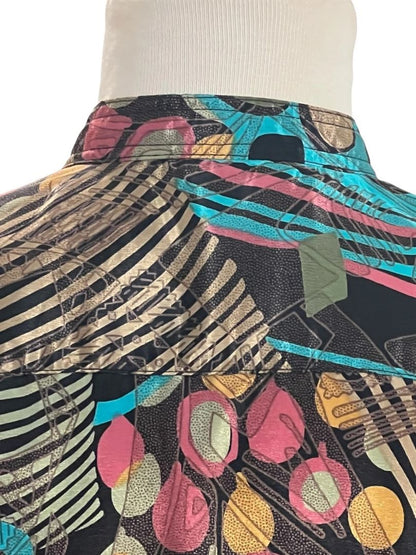 Size Large Vintage Over Star Womens Silky Blouse Mandarin Collar Jungle Pattern
