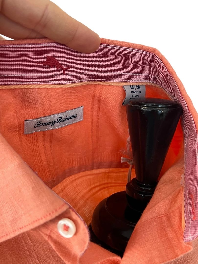 Medium Tommy Bahama New Mens Costa Tautira Passion Peach Stretch Linen Shirt