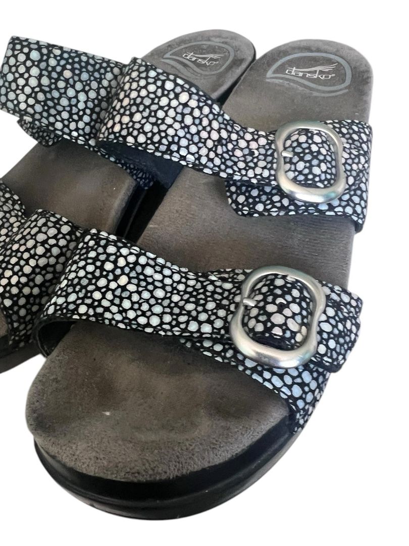 Size 38 (US 8) Dansko Womens Sophie Sandals Clogs Double Strap Black Shagreen