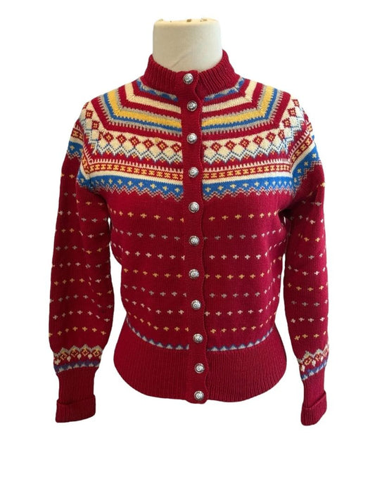 Vintage CJ Viking Button Up Red Wool Sweater Hand Made in Denmark READ