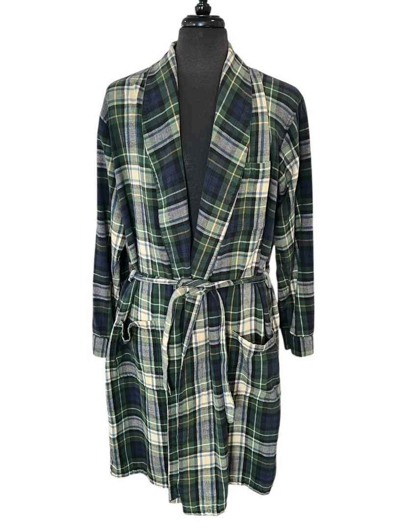 Small Vintage LL Bean Flannel Bathrobe Cotton Plaid Mens Belted Pockets