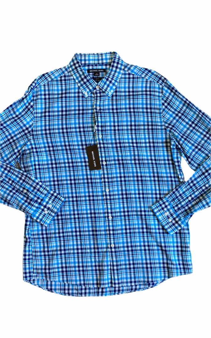 XL Michael Kors Plaid Button Down Shirt Ship Blue MSRP $128