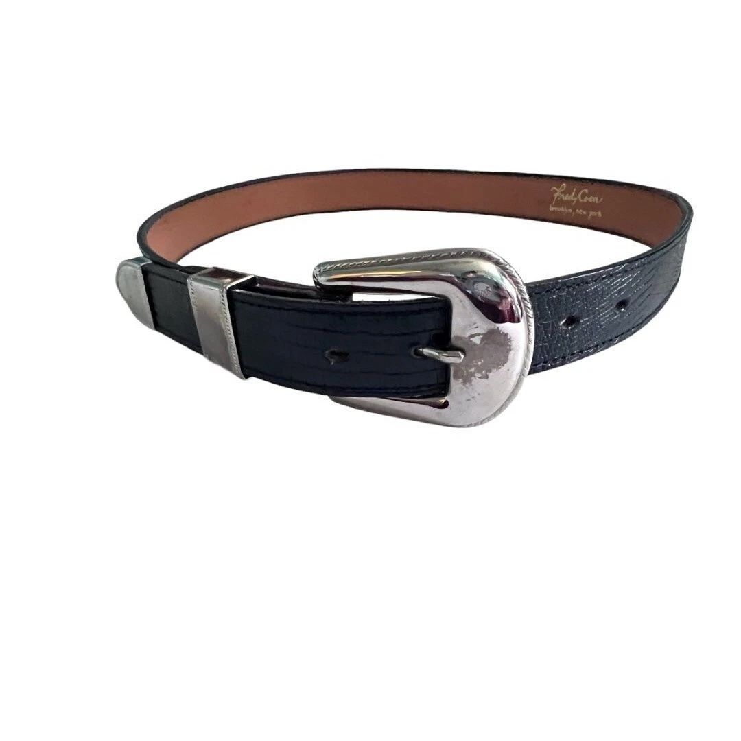 Medium Fred Coen Navy Blue Snakeskin Embossed Leather Western Belt Womens