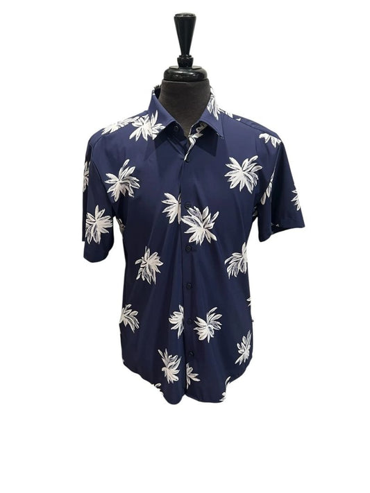 Large Hugo Boss Mens L Blue Hawaiian Palm Trees Button Up Slim Fit