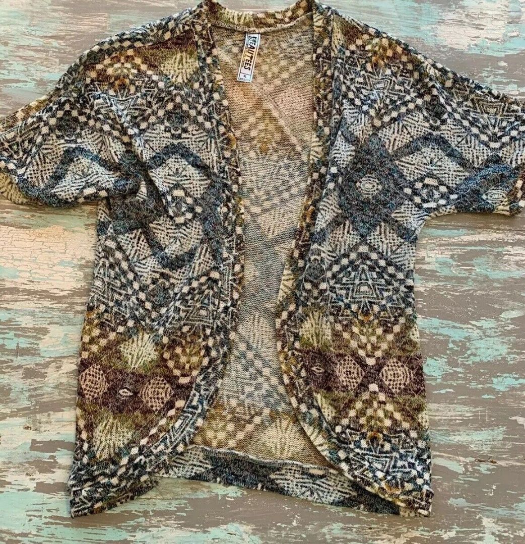 XL Beautees Girls Short Sleeve Open Cardigan Muted Colors Tribal Design