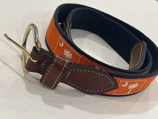 Size 32 South Carolina Flag Belt Mens Orange Canvas Leather Solid Brass Buckle Preppy