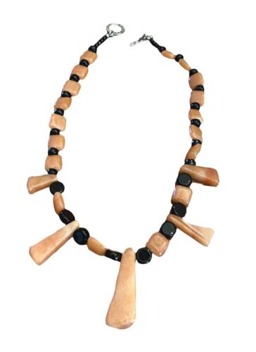 18" Handmade Square Round Dangle Stone Beaded Necklace Black & Brown Toggle
