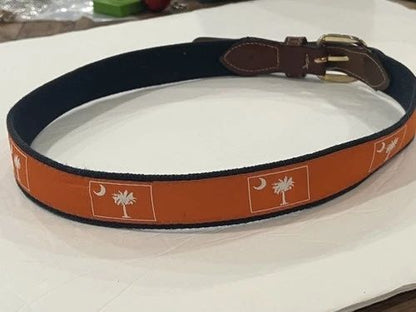 Size 32 South Carolina Flag Belt Mens Orange Canvas Leather Solid Brass Buckle Preppy
