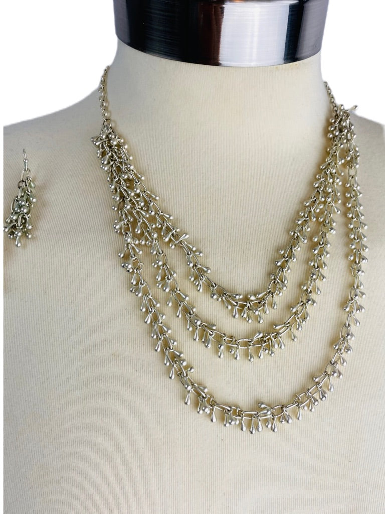 Necklace and Earring Jewelry Set Triple Strand Silvertone Lightweight Pierced Hook