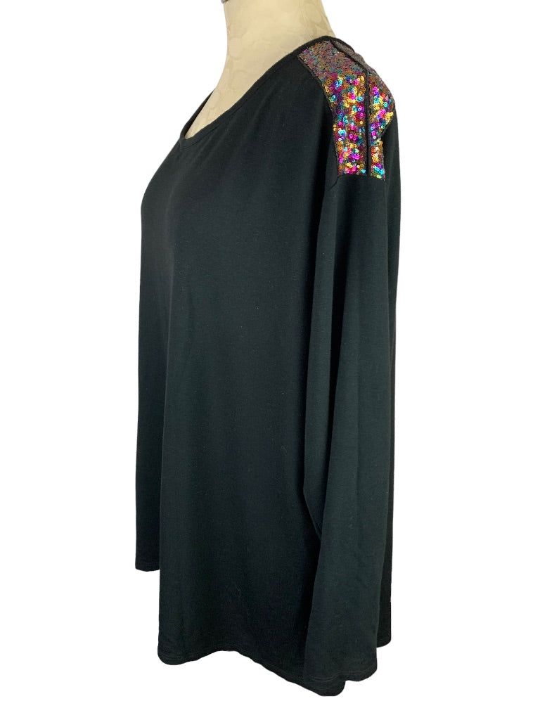 22/24 Lane Bryant Women's Black Jersey Knit Top Multicolor Sequin Shoulders Pullover