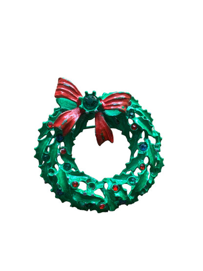 Vintage Holiday Wreath Brooch Green Red Blue Stones Pin 2" Diameter