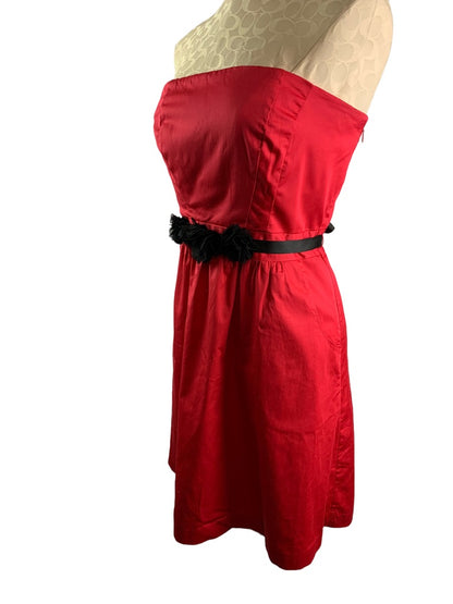 6 The Limited Strapless Red Dress Pockets Black Grosgrain Rosette Belt