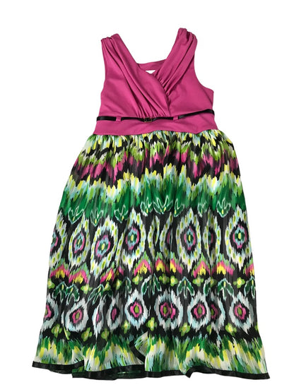 8 Bonnie Jean Girls Lined Pink Dress Sleeveless Abstract Design Green Skirt