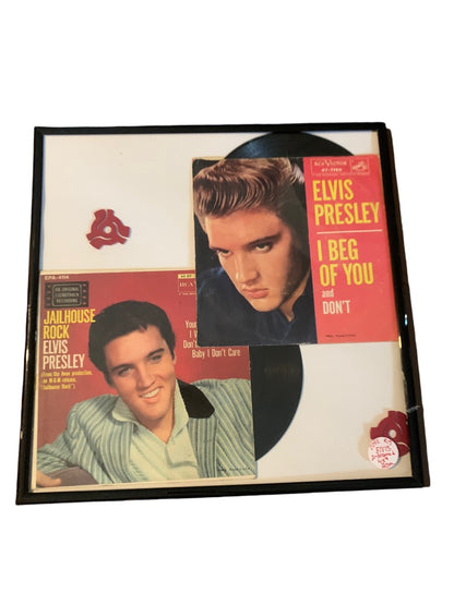 Framed Elvis 45s Vinyl Albums "Jailhouse Rock" and "I Beg of You"