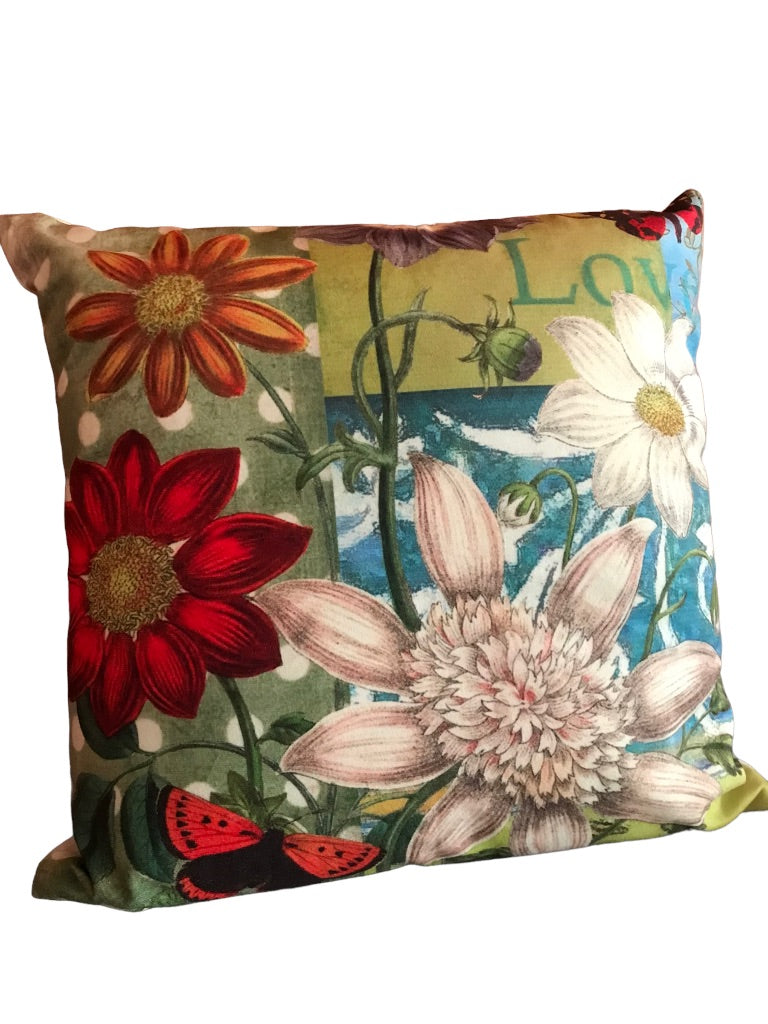 18" Square Throw Pillow and Insert Bright Floral Design White Flower Butterfly