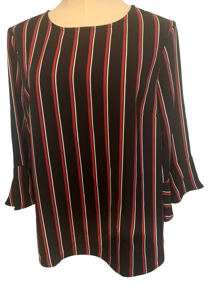 Large Tommy Hilfiger Black Red Striped Pullover Blouse Bell Sleeve