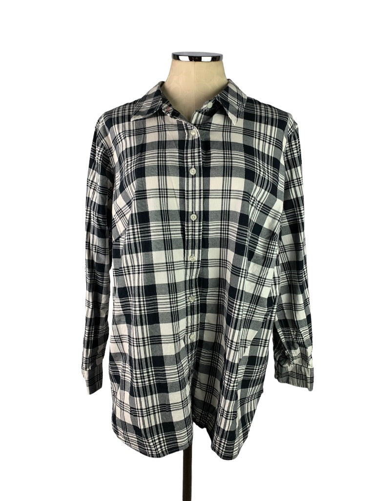 2X Talbots Plus Women's Black White Plaid Button Up Silver Threads