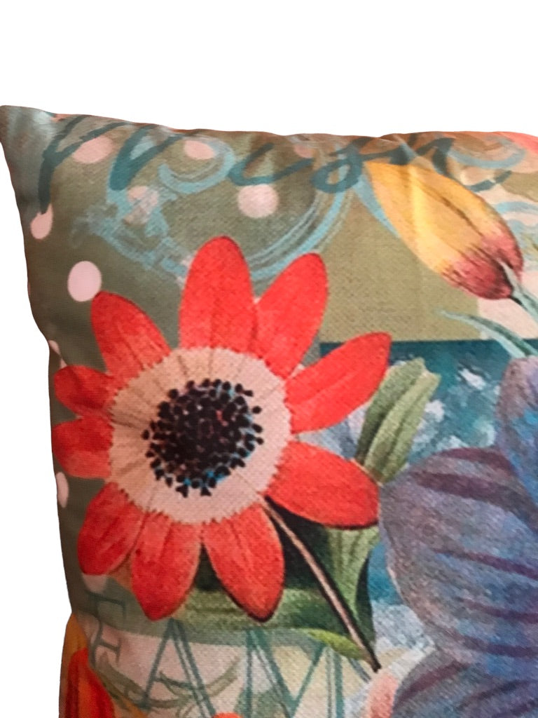 18" Square Throw Pillow and Insert Bright Floral Design Orange Flowers