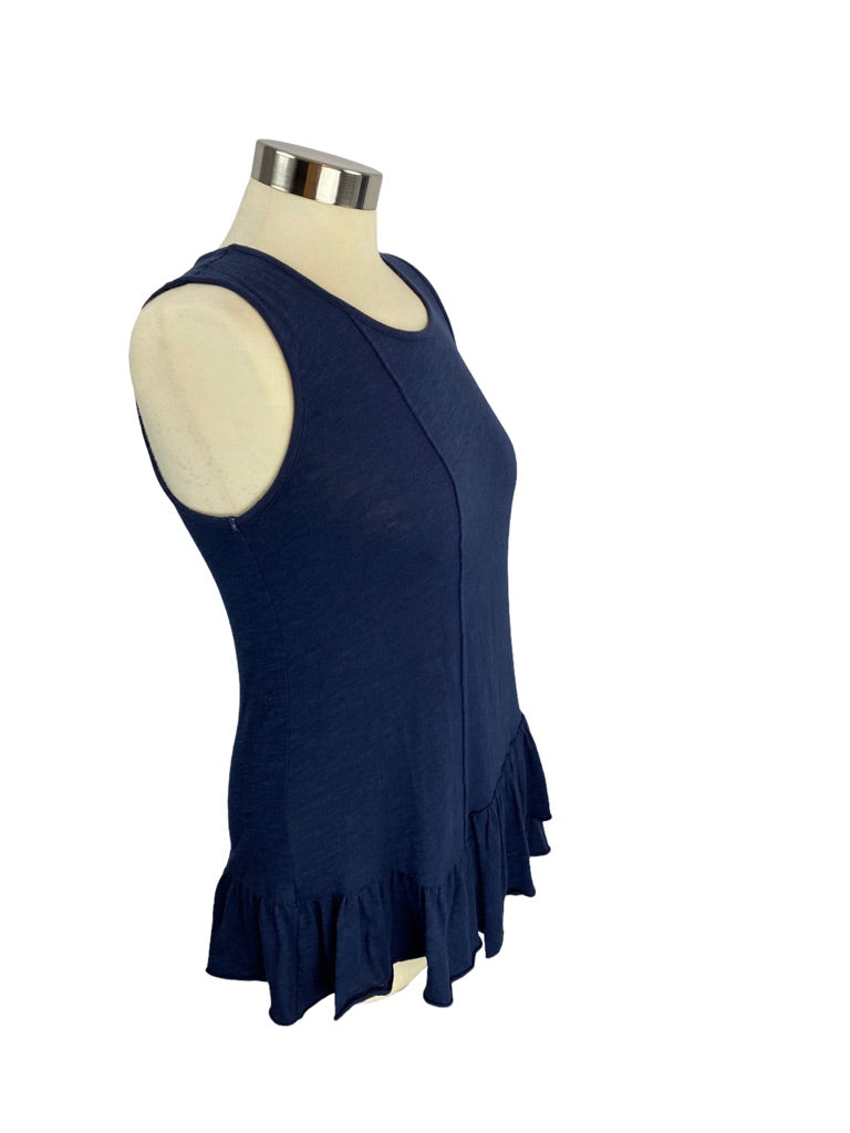 XS DG2 Diane Gilman Navy Blue Ruffle Hem Sleeveless Tshirt Tank Tunic Length