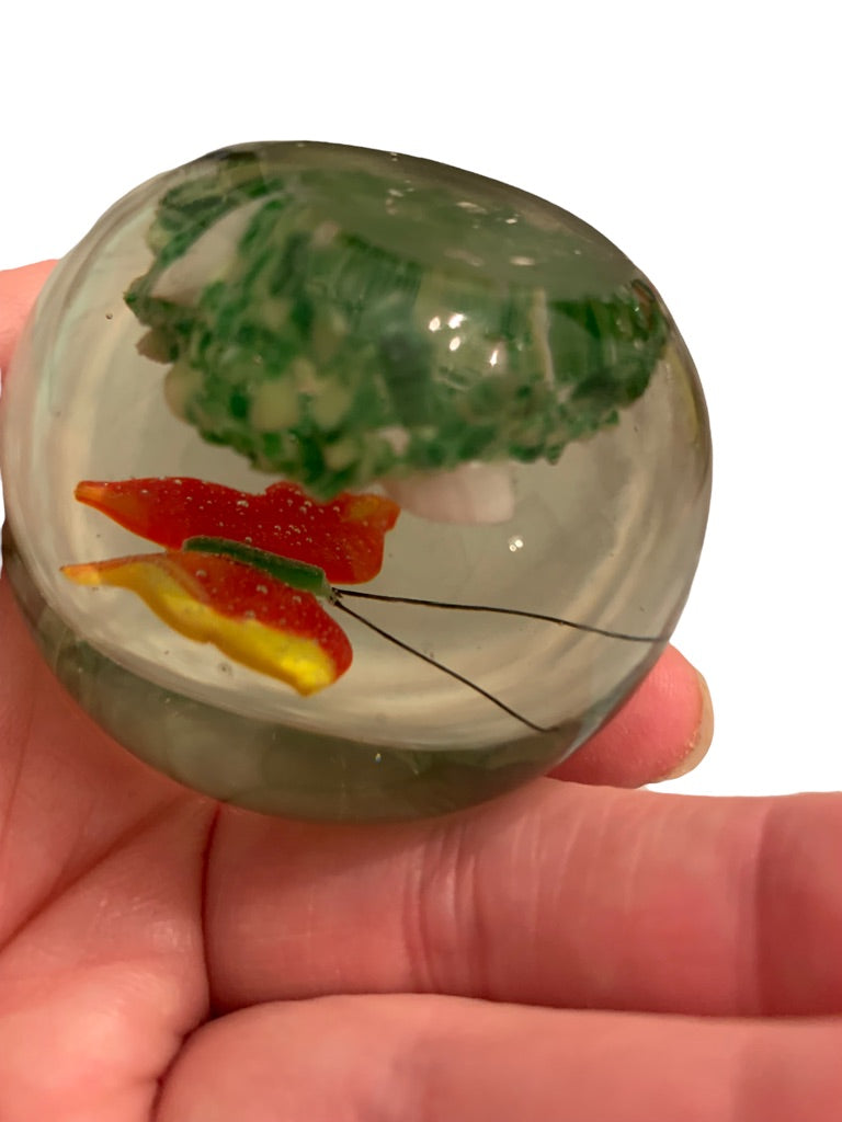 Glass Globe Paperweight Red Yellow Butterfly Grass 1.8"h x 2"d