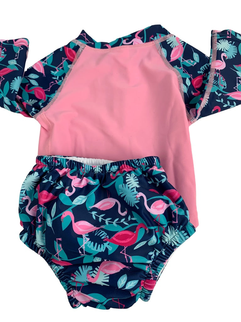 6 Months i play. Girls Two Piece Swimsuit Built-In Diaper Flamingo Long Sleeve