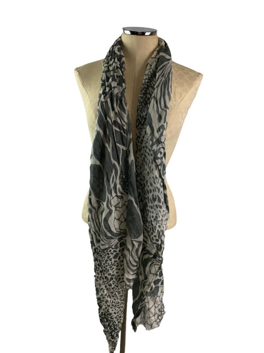 Chico's Lightweight Rayon Gray Mixed Animal Print Scarf Raw Edge 30" x 70"