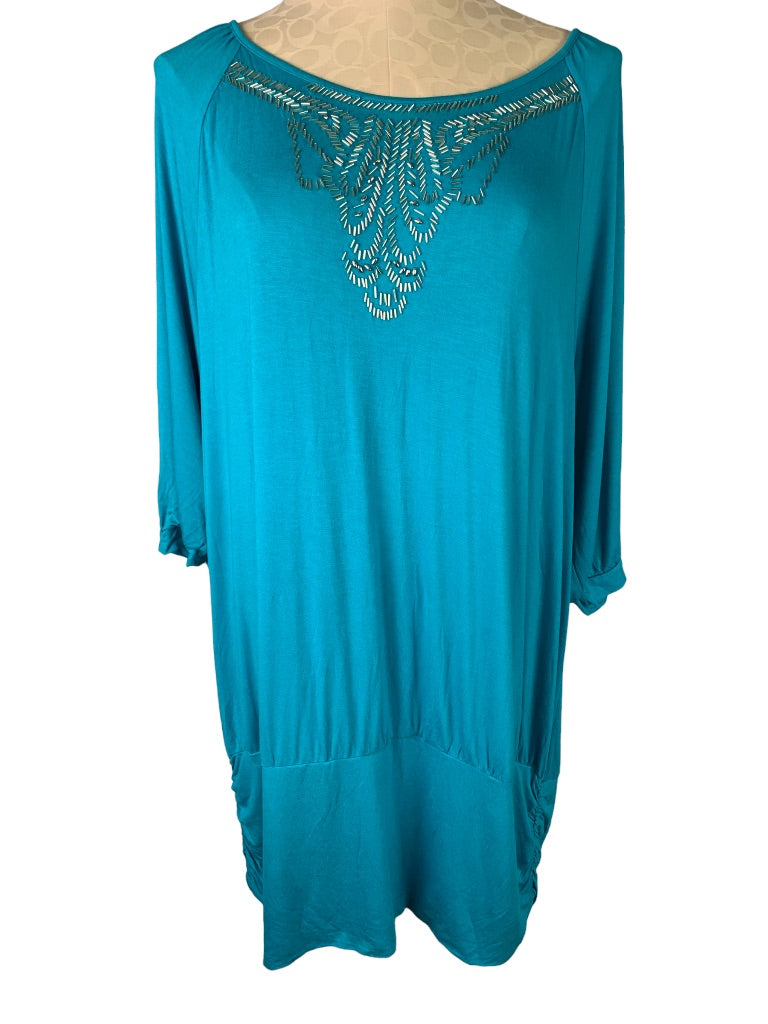 22/24 Lane Bryant Teal Beaded Neckline Soft 3/4 Sleeve Blouson Jersey Knit Top