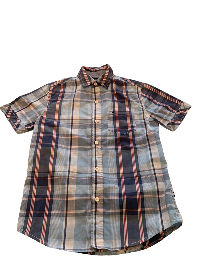 Medium (10/12) Nautica Boys Light Blue Plaid Short Sleeve Button Up