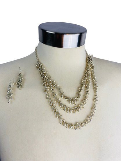 Necklace and Earring Jewelry Set Triple Strand Silvertone Lightweight Pierced Hook