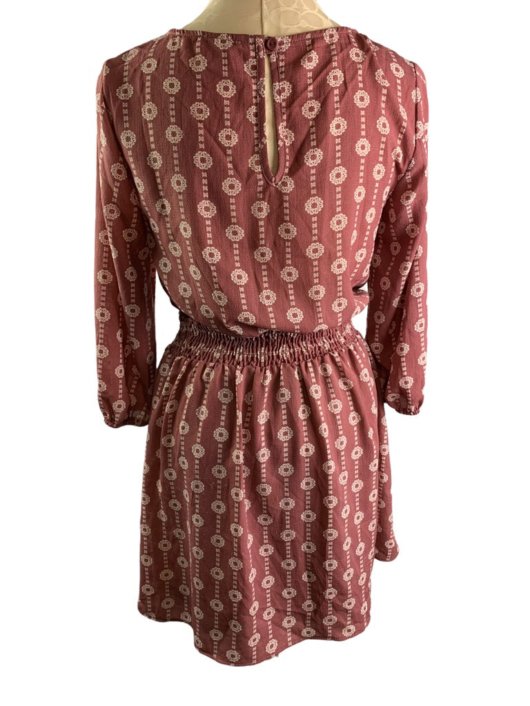 Small Charming Charlie Mauve Pink Print Pullover Dress 3/4 Sleeve Elastic Waist