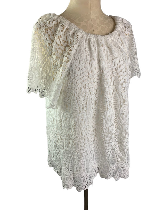 1X Adiva Women's White Lace Lined Short Sleeve Off the Shoulder Blouse