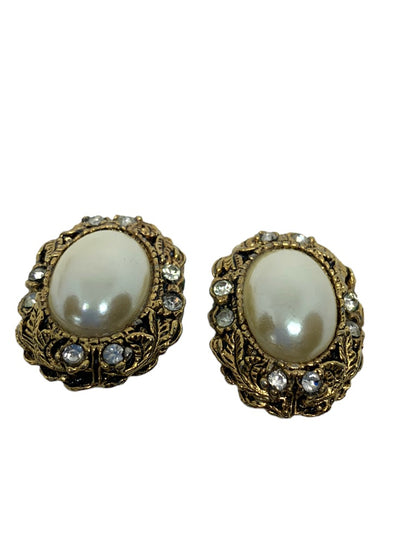 Vintage Clip On Earrings 1" Oval Goldtone with Faux Pearl Rhinestone