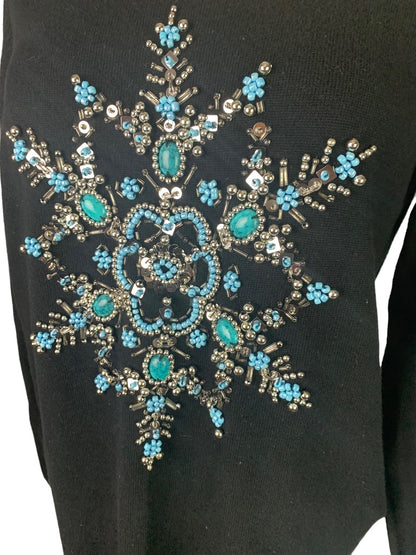 Small Quacker Factory Women's Black Winter Snowflake Sweater Beaded