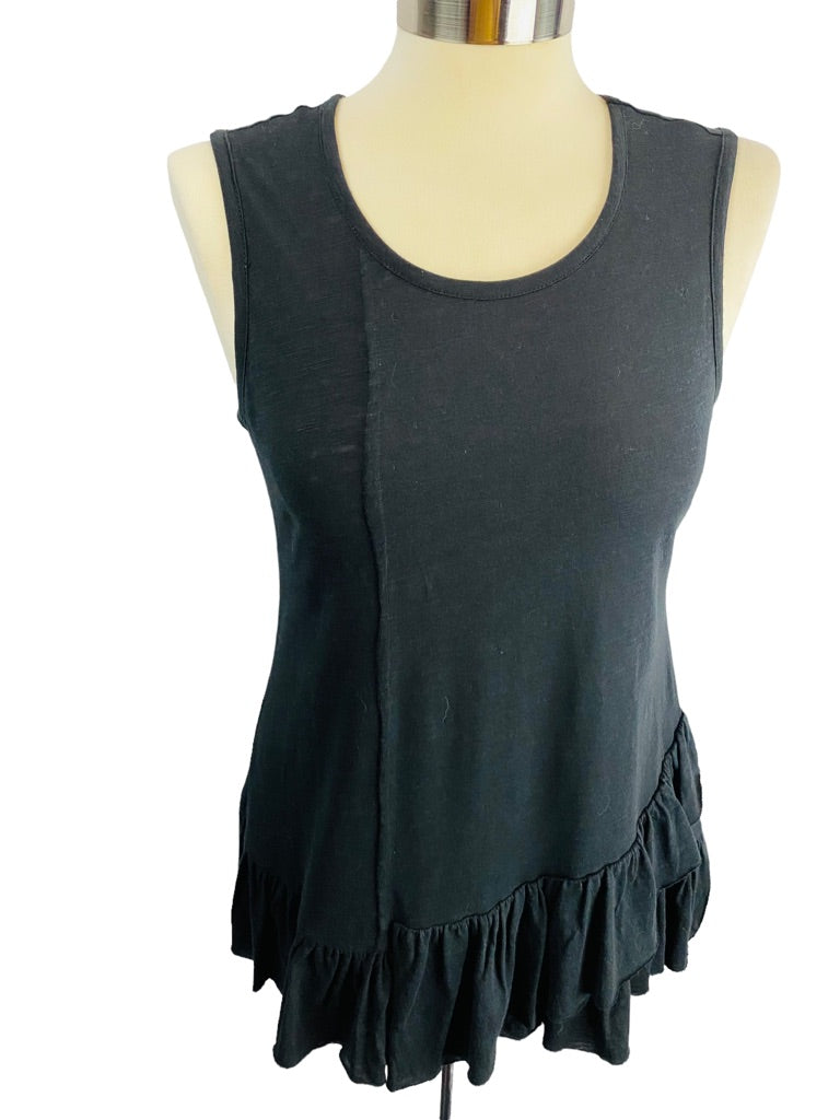 XS DG2 Diane Gilman Black Ruffle Hem Sleeveless Tshirt Tank Tunic Length