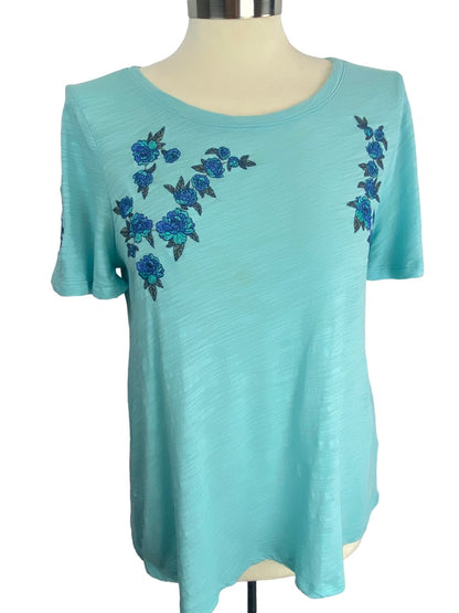 XS DG2 Diane Gilman Turquoise Round Neck Women's Tshirt Blue Rose Embroidered